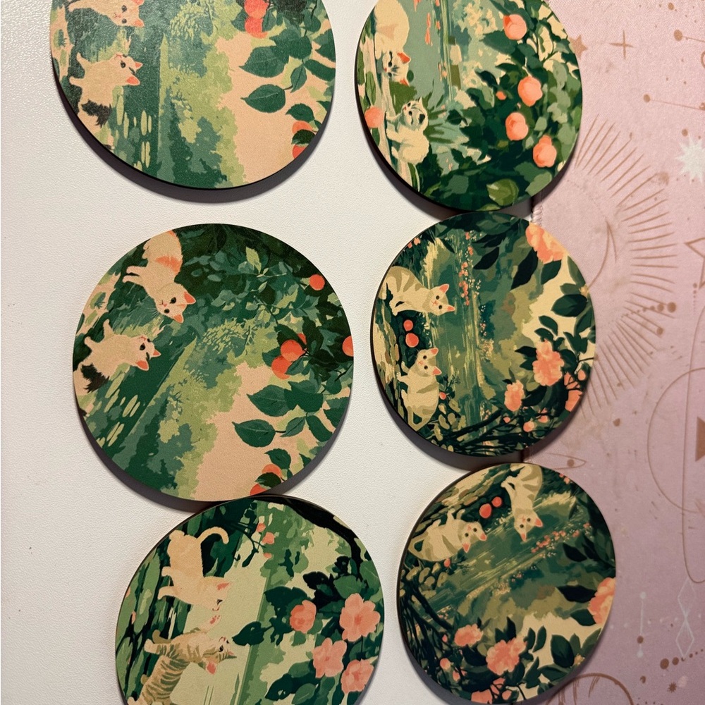 Cute 6 pcs set wooden green cat coasters brand new in bag!